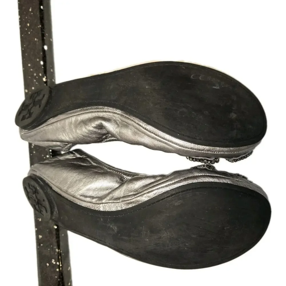 Tory Burch Eddie Pewter Leather Rhinestone Bow Ballet Flats Size 10 coquettecore